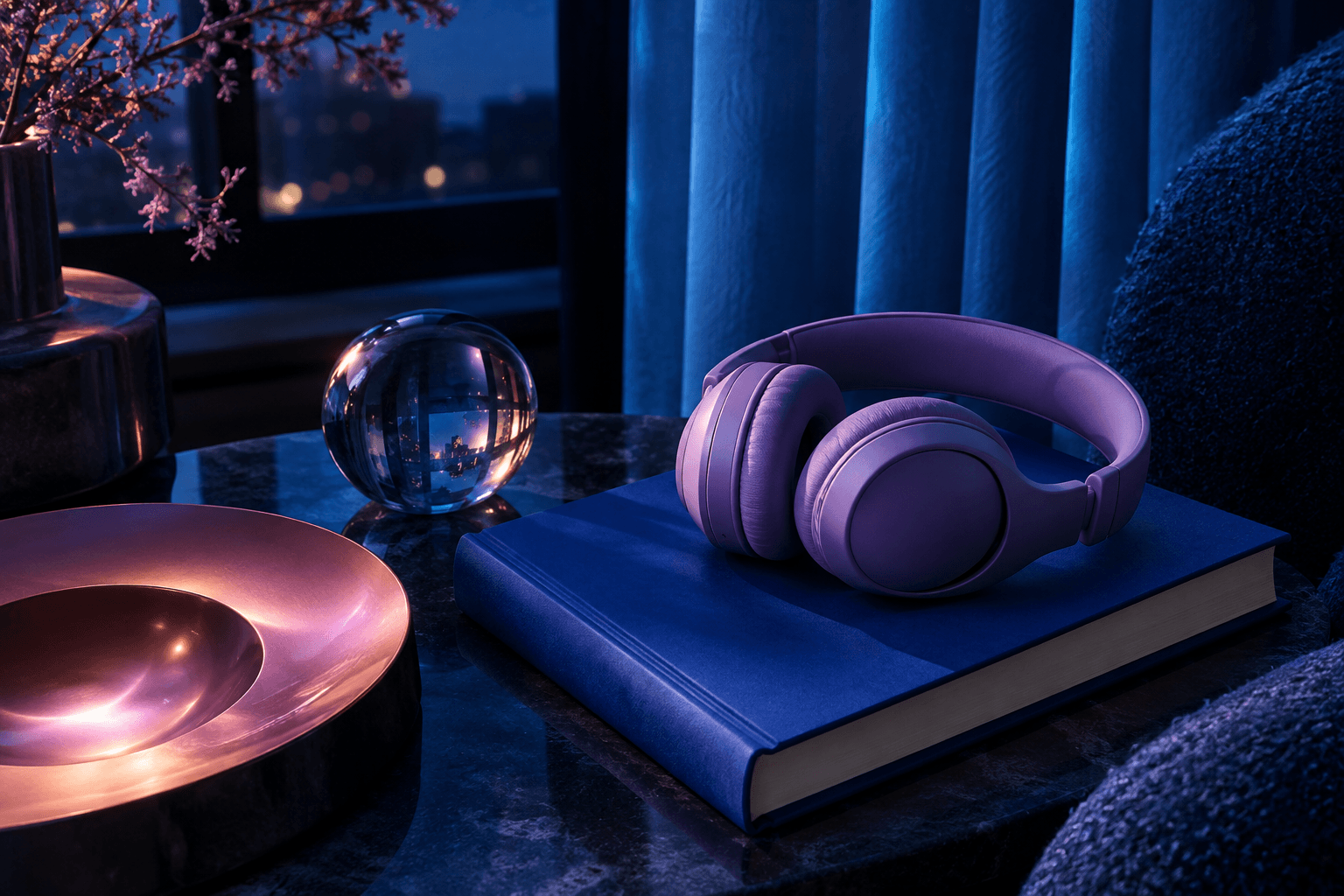 Violet headphones, cobalt book and glass sphere beside blue curtains