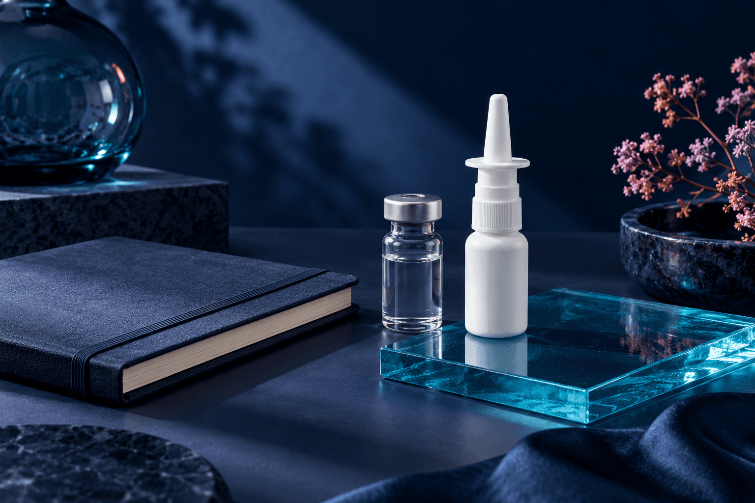 Completely unbranded glass vial and nasal spray beside a blue notebook