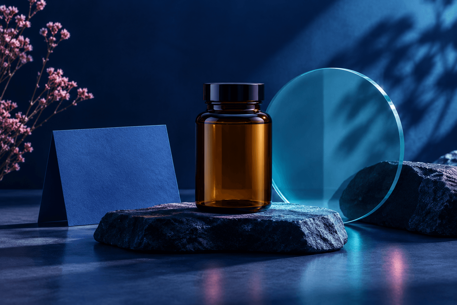 Closed unlabeled amber bottle, blank blue card and translucent aqua circle