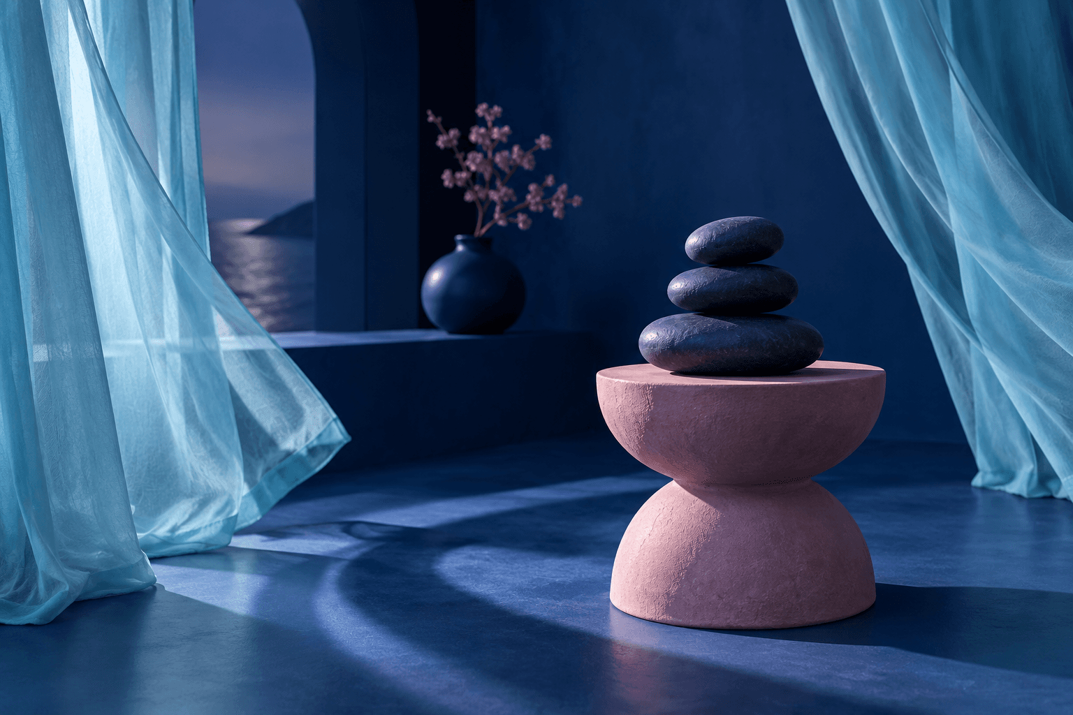 Sheer blue curtains and smooth stones on a pink sculptural plinth