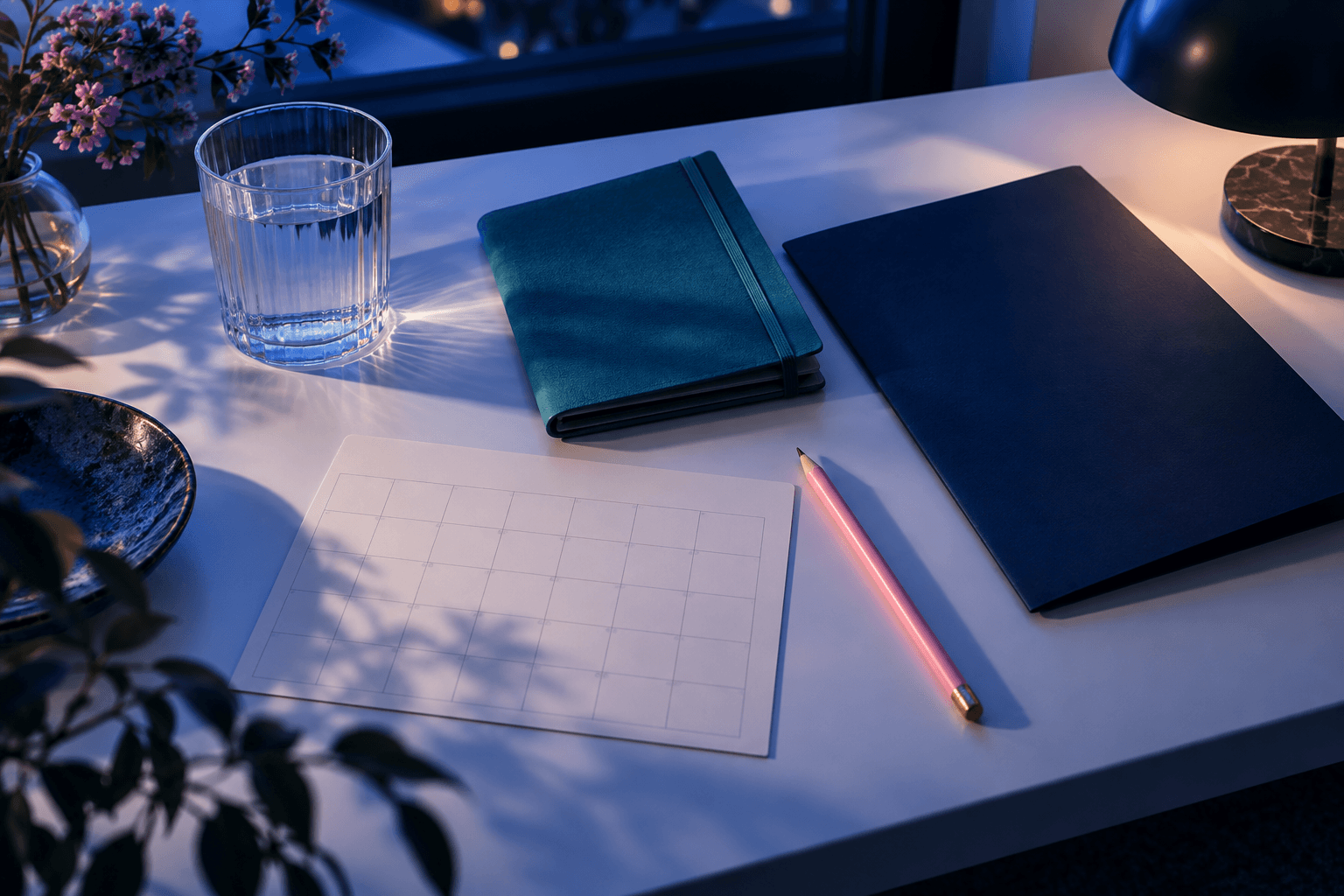 Blank appointment card, teal notebook, navy folder and water glass