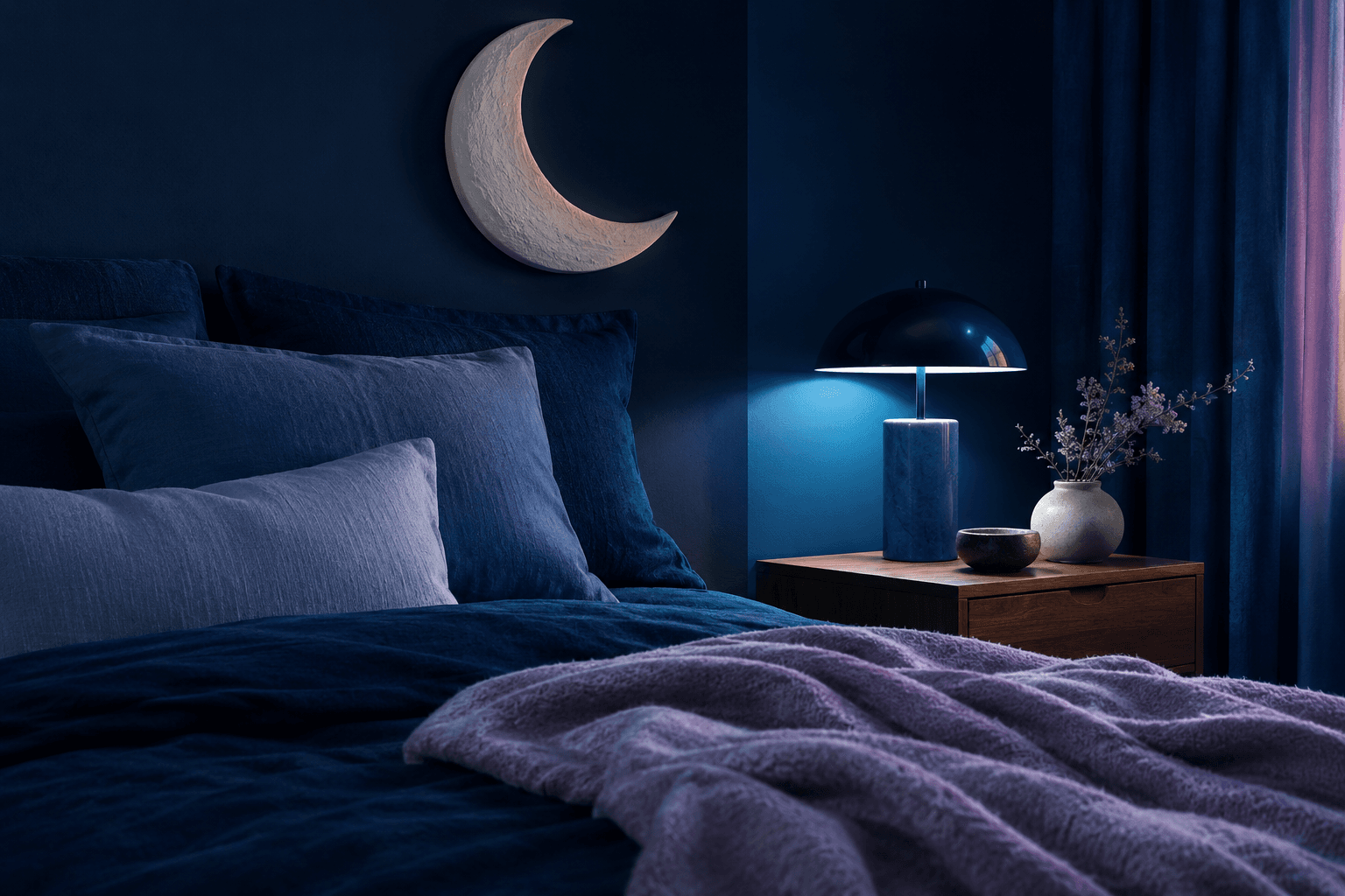 Blue pillows, broad bedside lamp and crescent sculpture in an empty bedroom