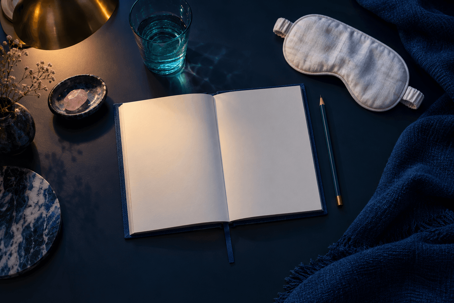 Blank blue notebook, pencil, eye mask and glass on a navy desk